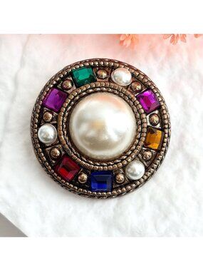 Rainbow Rhinestone Faux Pearl Colorful 80's Vintage Costume Jewelry Brooch